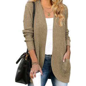 imageZESICA Womens Fall Winter Long Sleeve Open Front Casual Lightweight Soft Knit Cardigan Sweater OuterwearLightkhaki