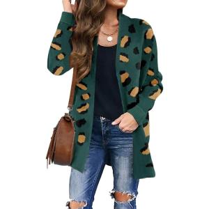 imageZESICA Womens Fall Winter Long Sleeves Open Front Leopard Print Knitted Sweater Cardigan Coat OutwearGreen