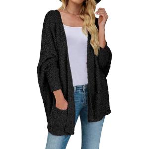 imageZESICA Womens Fall Winter Popcorn Long Sleeve Open Front Chunky Knit Oversized Cardigan Sweater CoatBlack