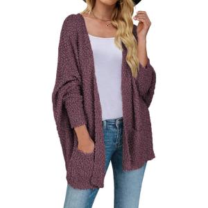 imageZESICA Womens Fall Winter Popcorn Long Sleeve Open Front Chunky Knit Oversized Cardigan Sweater CoatMaroon