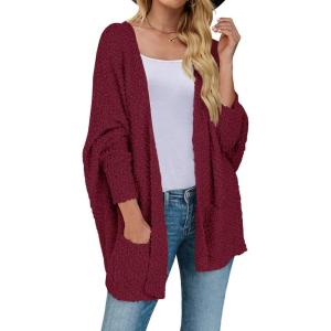 imageZESICA Womens Fall Winter Popcorn Long Sleeve Open Front Chunky Knit Oversized Cardigan Sweater CoatWine