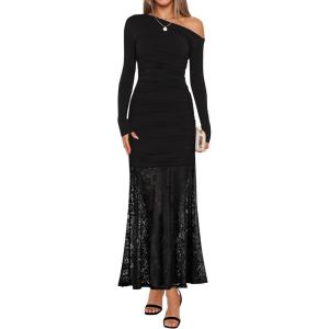 imageZESICA Womens Off Shoulder Cocktail Maxi Dresses 2025 Fall Long Sleeve Bodycon Ruched Lace Wedding Guest Party DressBlack