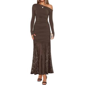 imageZESICA Womens Off Shoulder Cocktail Maxi Dresses 2025 Fall Long Sleeve Bodycon Ruched Lace Wedding Guest Party DressCoffee