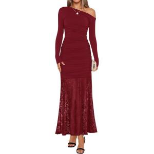 imageZESICA Womens Off Shoulder Cocktail Maxi Dresses 2025 Fall Long Sleeve Bodycon Ruched Lace Wedding Guest Party DressRed