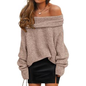 imageZESICA Womens Off The Shoulder Fall Sweaters Oversized Long Sleeve Pullover Tops 2025 Fashion Outfit ClothesApricot