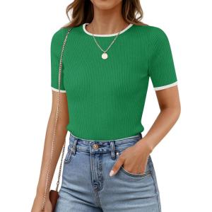 imageZESICA Womens Short Sleeve Sweater Tops 2025 Summer Crewneck T Shirt Ribbed Knit Slim Fit Basic Solid Color TeeGreen