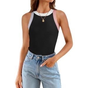 imageZESICA Womens Summer Sleeveless Tank Tops Ribbed High Neck Racerback Slim Fitted Color Block Casual ShirtsBlack