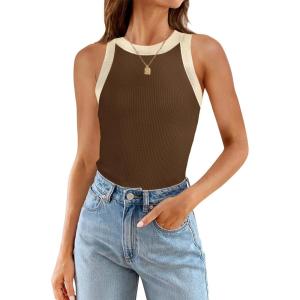 imageZESICA Womens Summer Sleeveless Tank Tops Ribbed High Neck Racerback Slim Fitted Color Block Casual ShirtsBrown