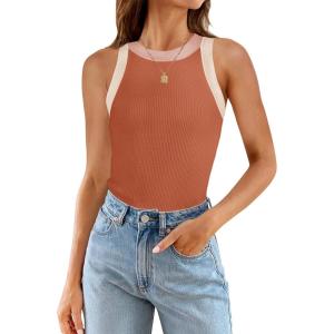 imageZESICA Womens Summer Sleeveless Tank Tops Ribbed High Neck Racerback Slim Fitted Color Block Casual ShirtsCoral