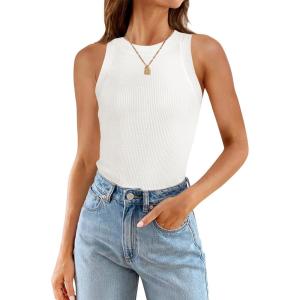 imageZESICA Womens Summer Sleeveless Tank Tops Ribbed High Neck Racerback Slim Fitted Color Block Casual ShirtsCream