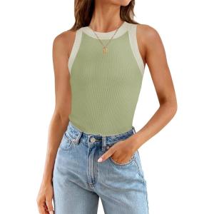 imageZESICA Womens Summer Sleeveless Tank Tops Ribbed High Neck Racerback Slim Fitted Color Block Casual ShirtsGreen