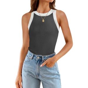 imageZESICA Womens Summer Sleeveless Tank Tops Ribbed High Neck Racerback Slim Fitted Color Block Casual ShirtsGrey