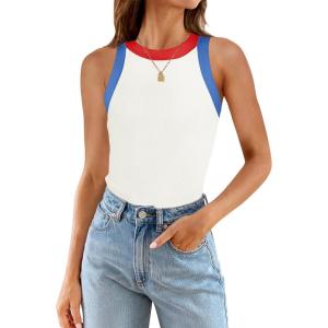 imageZESICA Womens Summer Sleeveless Tank Tops Ribbed High Neck Racerback Slim Fitted Color Block Casual ShirtsIvory