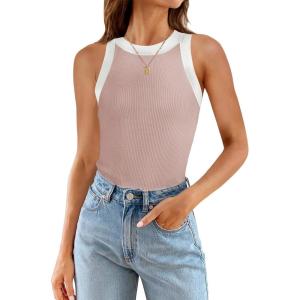 imageZESICA Womens Summer Sleeveless Tank Tops Ribbed High Neck Racerback Slim Fitted Color Block Casual ShirtsPink