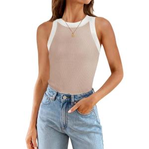 imageZESICA Womens Summer Sleeveless Tank Tops Ribbed High Neck Racerback Slim Fitted Color Block Casual ShirtsSand