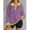 imageZESICA Sweatshirts for Womens Long Sleeve Lapel V Neck Striped Oversized TopsBlue Pink