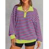 imageZESICA Sweatshirts for Womens Long Sleeve Lapel V Neck Striped Oversized TopsBlue Pink