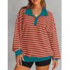 imageZESICA Sweatshirts for Womens Long Sleeve Lapel V Neck Striped Oversized TopsCoral