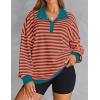 imageZESICA Sweatshirts for Womens Long Sleeve Lapel V Neck Striped Oversized TopsCoral