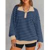 imageZESICA Sweatshirts for Womens Long Sleeve Lapel V Neck Striped Oversized TopsDark Blue