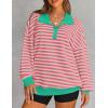 imageZESICA Sweatshirts for Womens Long Sleeve Lapel V Neck Striped Oversized TopsPink