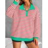 imageZESICA Sweatshirts for Womens Long Sleeve Lapel V Neck Striped Oversized TopsPink