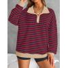 imageZESICA Sweatshirts for Womens Long Sleeve Lapel V Neck Striped Oversized TopsRed