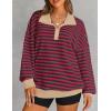 imageZESICA Sweatshirts for Womens Long Sleeve Lapel V Neck Striped Oversized TopsRed