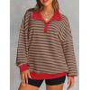 imageZESICA Sweatshirts for Womens Long Sleeve Lapel V Neck Striped Oversized TopsRed Brown