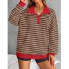 imageZESICA Sweatshirts for Womens Long Sleeve Lapel V Neck Striped Oversized TopsRed Brown