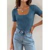 imageZESICA Womens 2025 Short Sleeve Square Neck T Shirts Slim Fitted Summer Ribbed Knit Basic Casual Tee TopsDarkblue