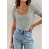 imageZESICA Womens 2025 Short Sleeve Square Neck T Shirts Slim Fitted Summer Ribbed Knit Basic Casual Tee TopsGrey