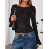 imageZESICA Womens Bell Long Sleeve Tops 2025 Fall Boat Neck Mesh Floral Fitted Shirts Trendy Y2K Going Out OutfitsBlack