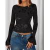 imageZESICA Womens Bell Long Sleeve Tops 2025 Fall Boat Neck Mesh Floral Fitted Shirts Trendy Y2K Going Out OutfitsBlack