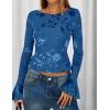 imageZESICA Womens Bell Long Sleeve Tops 2025 Fall Boat Neck Mesh Floral Fitted Shirts Trendy Y2K Going Out OutfitsDarkblue