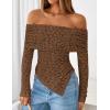 imageZESICA Womens Fall Floral Off Shoulder Tops 2025 Mesh Long Sleeve Shirts Asymmetrical Ruched Tee Blouses Trendy OutfitsCoffee