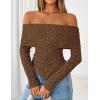 imageZESICA Womens Fall Floral Off Shoulder Tops 2025 Mesh Long Sleeve Shirts Asymmetrical Ruched Tee Blouses Trendy OutfitsCoffee