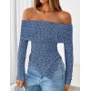 imageZESICA Womens Fall Floral Off Shoulder Tops 2025 Mesh Long Sleeve Shirts Asymmetrical Ruched Tee Blouses Trendy OutfitsDustyblue