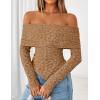 imageZESICA Womens Fall Floral Off Shoulder Tops 2025 Mesh Long Sleeve Shirts Asymmetrical Ruched Tee Blouses Trendy OutfitsKhaki