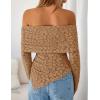 imageZESICA Womens Fall Floral Off Shoulder Tops 2025 Mesh Long Sleeve Shirts Asymmetrical Ruched Tee Blouses Trendy OutfitsKhaki
