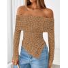 imageZESICA Womens Fall Floral Off Shoulder Tops 2025 Mesh Long Sleeve Shirts Asymmetrical Ruched Tee Blouses Trendy OutfitsKhaki