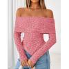 imageZESICA Womens Fall Floral Off Shoulder Tops 2025 Mesh Long Sleeve Shirts Asymmetrical Ruched Tee Blouses Trendy OutfitsPink