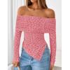 imageZESICA Womens Fall Floral Off Shoulder Tops 2025 Mesh Long Sleeve Shirts Asymmetrical Ruched Tee Blouses Trendy OutfitsPink