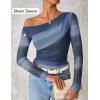 imageZESICA Womens Floral Off Shoulder Long Sleeve Tops 2025 Fall Mesh Ruched Fitted Trendy Going Out Shirts BlousesDustyblue