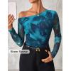 imageZESICA Womens Floral Off Shoulder Long Sleeve Tops 2025 Fall Mesh Ruched Fitted Trendy Going Out Shirts BlousesLakeblue