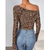 imageZESICA Womens Floral Off Shoulder Long Sleeve Tops 2025 Fall Mesh Ruched Fitted Trendy Going Out Shirts BlousesLeopardbrown