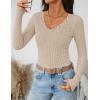 imageZESICA Womens Long Sleeve Lace V Neck Shirts 2025 Fall Fashion Slim Fit Tops Ribbed Knit Dressy Business Casual BlousesApricot