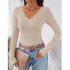 imageZESICA Womens Long Sleeve Lace V Neck Shirts 2025 Fall Fashion Slim Fit Tops Ribbed Knit Dressy Business Casual BlousesApricot