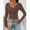 imageZESICA Womens Long Sleeve Lace V Neck Shirts 2025 Fall Fashion Slim Fit Tops Ribbed Knit Dressy Business Casual BlousesBrown