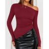 imageZESICA Womens Off The Shoulder Tops 2025 Long Sleeve Y2K Asymmetrical Ruched Fitted Shirts Fall Trendy Going Out TopWine